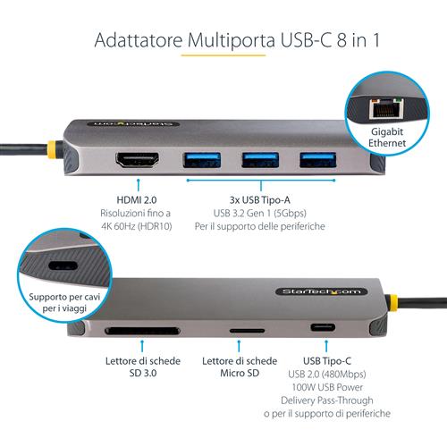 StarTech.com 115B-USBC-MULTIPORT replicatore di porte e docking station per laptop Cablato USB 3.2 Gen 1 (3.1 Gen 1) Type-C Grigio