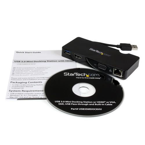 StarTech.com USB3SMDOCKHV replicatore di porte e docking station per laptop Cablato USB 3.2 Gen 1 (3.1 Gen 1) Type-A Nero