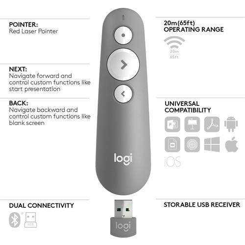 Logitech R500 puntatore wireless Bluetooth/RF Grigio
