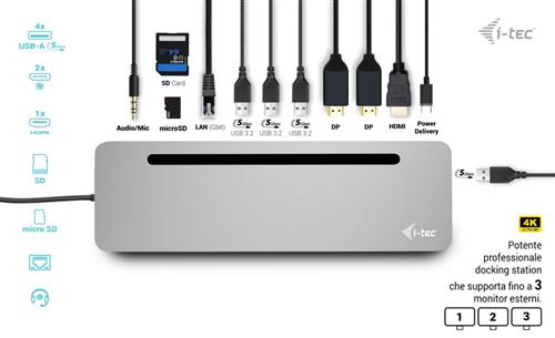 i-tec C31FLAT2PDPRO replicatore di porte e docking station per laptop Cablato USB 3.2 Gen 1 (3.1 Gen 1) Type-C Argento