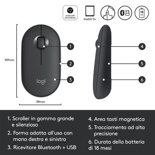 PEBBLE M350 WIRELESS MOUSE GRAPHITE 2.4GHZ/BT EMEA