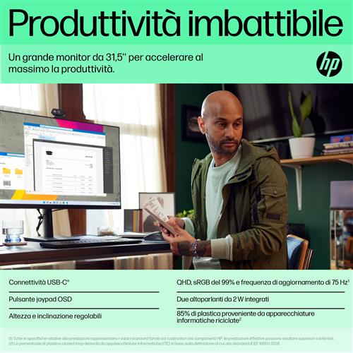 HP P32u G5 QHD USB-C Monitor Monitor PC 80 cm (31.5) 2560 x 1440 Pixel Quad HD LCD Nero