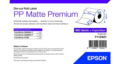 PP MATTE LABEL PREM DIE-CUT ROLL 76X127MM 960 LABELS