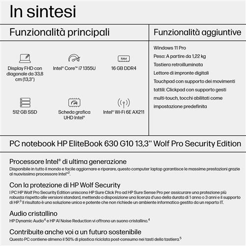 HP EliteBook 630 G10 Intel Core i7 i7-1355U Computer portatile 33,8 cm (13.3) Full HD 16 GB DDR4-SDRAM 512 GB SSD Wi-Fi 6E (802.11ax) Windows 11 Pro Argento