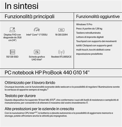 HP ProBook 440 G10 Intel Core i7 i7-1355U Computer portatile 35,6 cm (14) Full HD 16 GB DDR4-SDRAM 512 GB SSD Wi-Fi 6E (802.11ax) Windows 11 Pro Argento