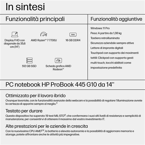 HP ProBook 445 G10 AMD Ryzen 7 7730U Computer portatile 35,6 cm (14) Full HD 16 GB DDR4-SDRAM 512 GB SSD Wi-Fi 6E (802.11ax) Windows 11 Pro Argento