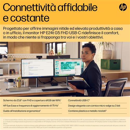 HP E24u G5 FHD USB-C Monitor Monitor PC 60,5 cm (23.8) 1920 x 1080 Pixel Full HD LCD Nero, Argento
