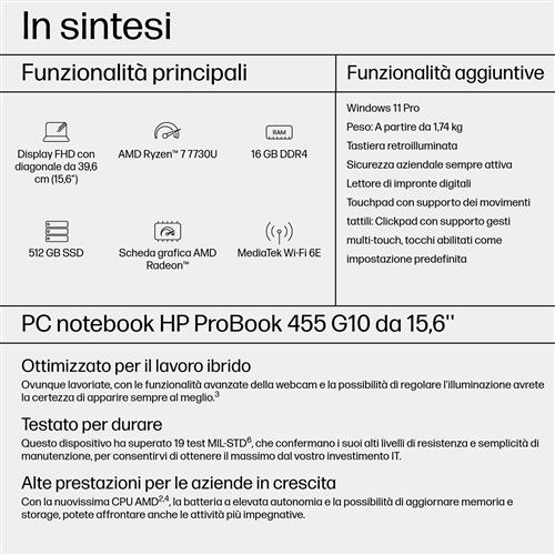 HP ProBook 455 G10 AMD Ryzen 7 7730U Computer portatile 39,6 cm (15.6) Full HD 16 GB DDR4-SDRAM 512 GB SSD Wi-Fi 6E (802.11ax) Windows 11 Pro Argento