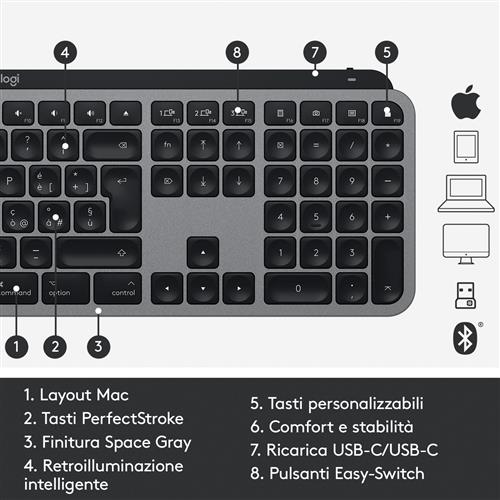 Logitech MX Keys f/ Mac tastiera Ufficio RF senza fili + Bluetooth QWERTY Italiano Grigio