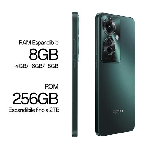 OPPO Reno11 F 5G Smartphone, AI Tripla fotocamera 64+8+2MP, Selfie 32MP, Display 6.7” 120HZ AMOLED FHD+, 5000mAh, RAM 8(Esp4GB/6GB/8GB)+ROM 256GB (esp2TB), [Versione Italia], Palm Green