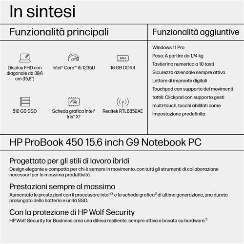 HP ProBook 450 G9 Intel Core i5 i5-1235U Computer portatile 39,6 cm (15.6) Full HD 16 GB DDR4-SDRAM 512 GB SSD Wi-Fi 6 (802.11ax) Windows 11 Pro Argento