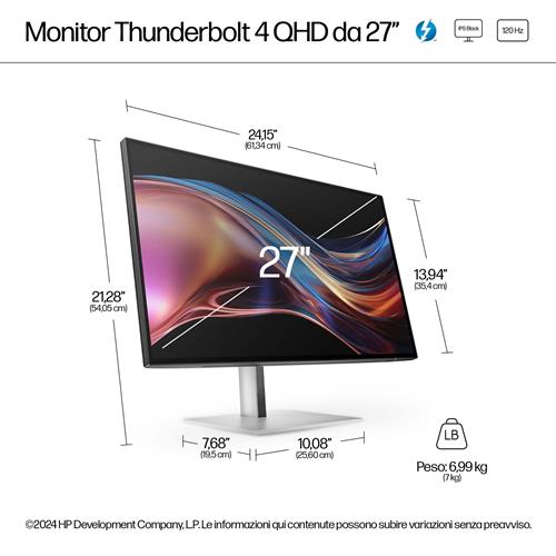 HP Series 7 Pro 27 inch QHD Thunderbolt 4 Monitor - 727pu Monitor PC 68,6 cm (27) 2560 x 1440 Pixel Quad HD LCD Nero