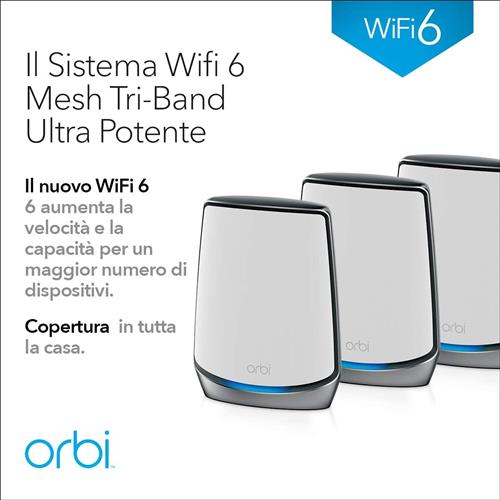 NETGEAR Orbi RBK853 AX6000 WiFi 6 Mesh System Banda tripla (2.4 GHz/5 GHz/5 GHz) Wi-Fi 6 (802.11ax) Grigio 4 Interno