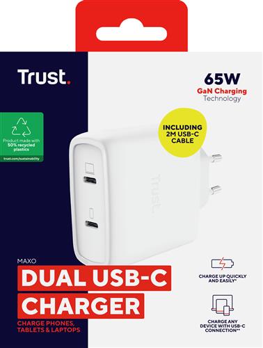 MAXO 65W 2P USB-C GAN CHARGER WHT