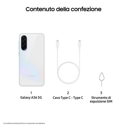 Samsung Galaxy A36 5G, Smartphone con Funzioni intelligenti, Display Super AMOLED 6.7”, 6GB RAM, 128GB, Camera 50MP, Batteria 5.000 mAh, IP67, Awesome White