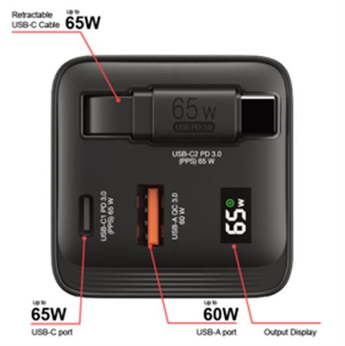 GAN CHARGER 65W 2 PORT RETR CAB US/EU/UK ADP