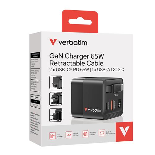 GAN CHARGER 65W 2 PORT RETR CAB US/EU/UK ADP