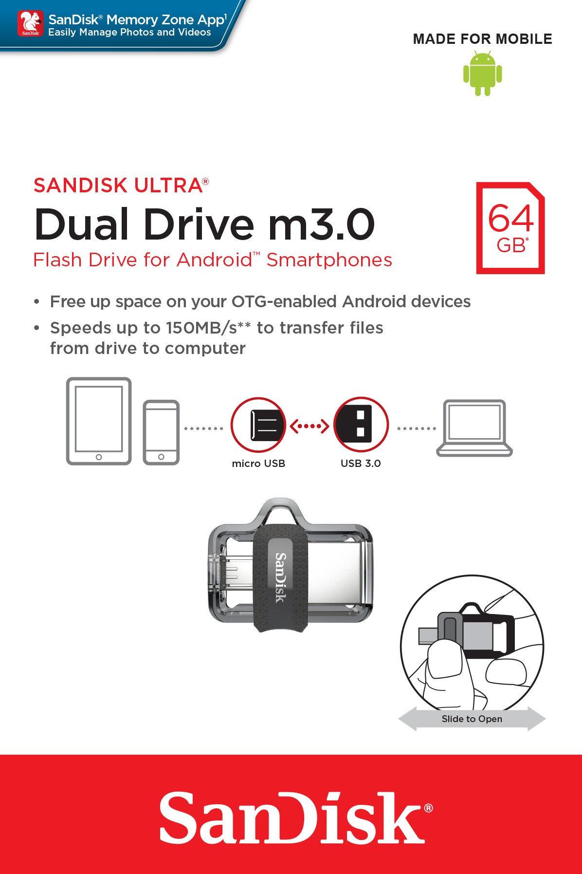 SanDisk Ultra Dual m3.0 unità flash USB 64 GB USB Type-A / Micro-USB 3.2 Gen 1 (3.1 Gen 1) Nero, Argento, Trasparente
