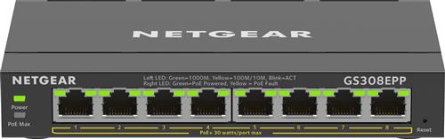 NETGEAR 8-Port Gigabit Ethernet High-Power PoE+ Plus Switch (GS308EPP) Gestito L2/L3 Gigabit Ethernet (10/100/1000) Supporto Power over Ethernet (PoE) Nero