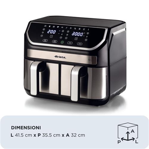 Ariete 4625 Friggitrice ad aria 9L, 2100W, Capacità 9L, Doppio cestello, Capacità di cottura 3,6kg, 11 programmi preimpostati, Funzione Max Crisp, Temperatura fino a 200°C, Cestello antiaderente con griglia, Nero/Silver