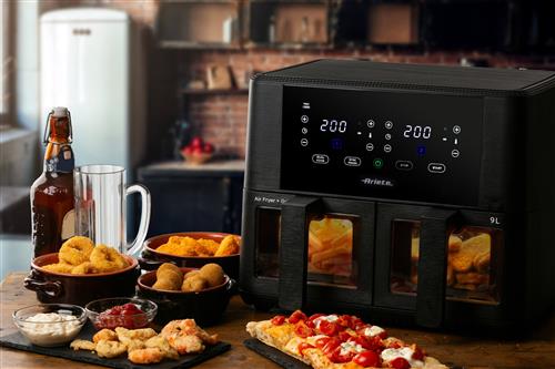 Ariete 4631 Friggitrice ad aria Doppia 9L, 2400W, Capacità totale 9L, 11 programmi, Multifunzione, Fino a 3,6 kg di fritto Temperatura fino a 200°C, Doppio cestello, Nero