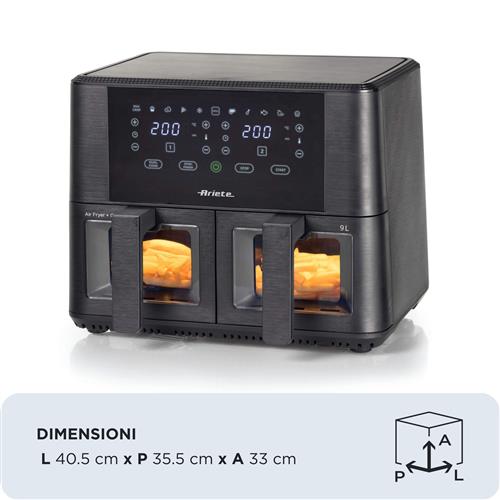 Ariete 4631 Friggitrice ad aria Doppia 9L, 2400W, Capacità totale 9L, 11 programmi, Multifunzione, Fino a 3,6 kg di fritto Temperatura fino a 200°C, Doppio cestello, Nero
