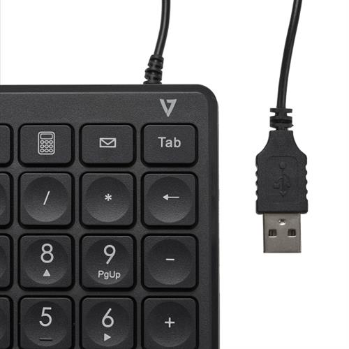 V7 Tastierino numerico cablato USB KP350 - 22 tasti - Calcolatrice, scheda, tasti di scelta rapida backspace - Cavo da 6 piedi - USB tipo A - Tastiera, notebook, laptop - Nero - Chrome OS - Windows - MacOS - Numero