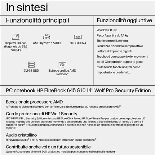 HP EliteBook 645 14 G10 AMD Ryzen 7 7730U Computer portatile 35,6 cm (14) Full HD 16 GB DDR4-SDRAM 512 GB SSD Wi-Fi 6E (802.11ax) Windows 11 Pro Argento