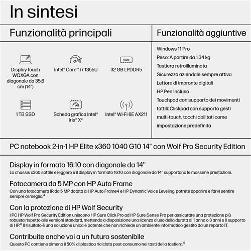 HP Elite x360 1040 G10 Intel Core i7 i7-1355U Ibrido (2 in 1) 35,6 cm (14) Touch screen WQXGA 32 GB LPDDR5-SDRAM 1 TB SSD Wi-Fi 6E (802.11ax) Windows 11 Pro Argento