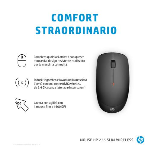 HP 235 Slim Wireless mouse Ufficio Ambidestro RF Wireless Ottico 1600 DPI