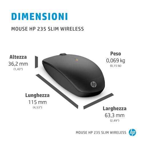 HP 235 Slim Wireless mouse Ufficio Ambidestro RF Wireless Ottico 1600 DPI