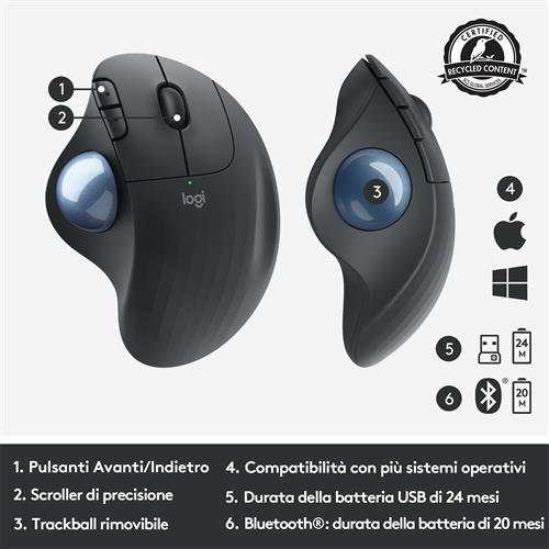 Logitech Ergo M575 mouse Ufficio Mano destra RF senza fili + Bluetooth 2000 DPI