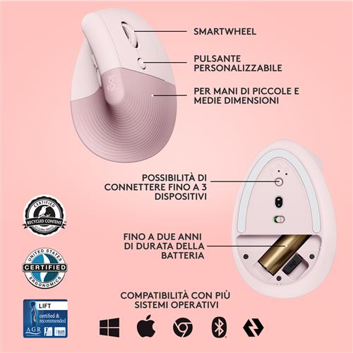Logitech Lift mouse Ufficio Mano destra RF senza fili + Bluetooth Ottico 4000 DPI