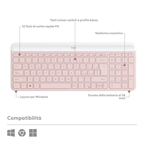 Logitech MK470 Slim Combo tastiera Mouse incluso Ufficio RF Wireless QWERTY Italiano Rosa