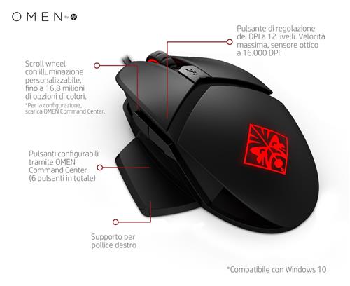 HP  mouse Gaming Mano destra USB tipo A Ottico 16000 DPI