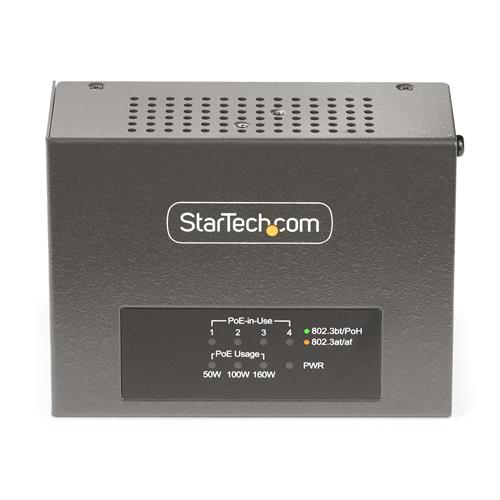 StarTech.com Iniettore PoE++ Multi-Gigabit a 4 porte, Ethernet 5/2.5/1G (NBASE-T), PoE/PoE+/PoE++ (802.3af/802.3at/802.3bt), Potenza di alimentazione 160 Watt, Montabile a parete/su guida DIN, Non gestito