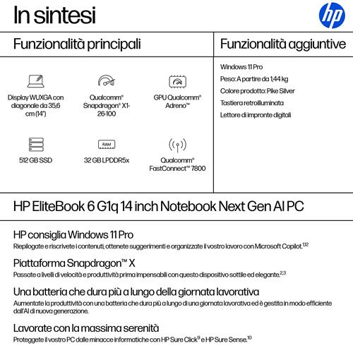 HP EliteBook 6 G1q Next Gen AI Copilot+ PC Qualcomm Snapdragon X1-26-100 Computer portatile 35,6 cm (14