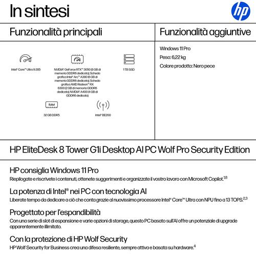 HP EliteDesk 8 Tower G1i AI Wolf Pro Security Edition Intel Core Ultra 9 285 32 GB DDR5-SDRAM 1 TB SSD Windows 11 Pro PC AI PC Nero