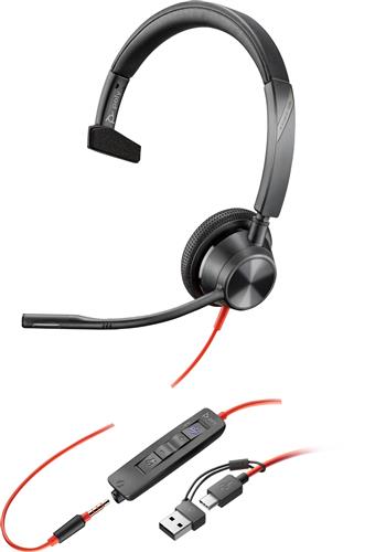POLY Blackwire 3315 Monaural Microsoft Teams Certified USB-C Headset +3.5mm Plug +USB-C/A Adapter Auricolare Cablato A Padiglione Ufficio USB tipo-C Nero