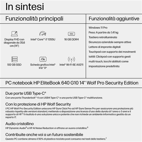 HP EliteBook 640 14 G10 Intel Core i7 i7-1355U Computer portatile 35,6 cm (14) Full HD 16 GB DDR4-SDRAM 512 GB SSD Wi-Fi 6E (802.11ax) Windows 11 Pro Argento