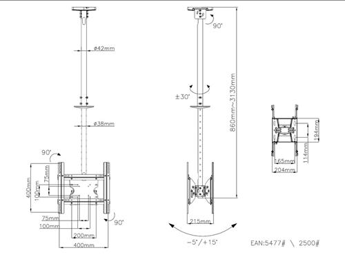 CEILING BRACKET DUAL MONITOR TELESCOPIC 83-150 CM