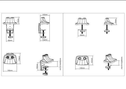 DOUBLE TABLE ARM WITH 3 JOINTS CLAMP/THROUGH HOLE