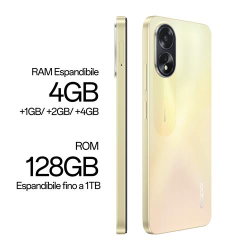 OPPO A38 4G Smartphone, AI Doppia fotocamera 50+2MP, Selfie 5MP, Display 6.56” 90HZ LCD HD+, 5000mAh, RAM 8 GB (4+4) + ROM 128GB, IP54, [Versione Italia],Glowing Gold