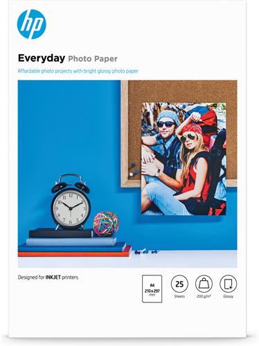 HP Everyday Photo Paper, Glossy, 200 g/m2, A4 (210 x 297 mm), 25 sheets Nero, Blu, Bianco Semi lucida